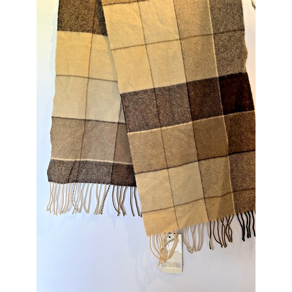 Glenaran 100% Women's 54x11 Lambswool Plaid Beige Brown Gray Fringed Scarf NWT